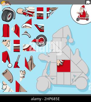 Gioco di puzzle con cartoon Babbo Natale personaggio su scooter Illustrazione Vettoriale