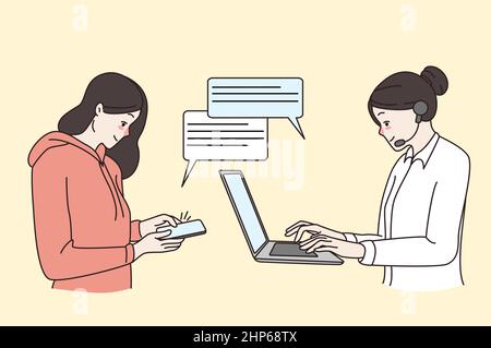 Donna in chat online con l'operatore del servizio di assistenza clienti Illustrazione Vettoriale