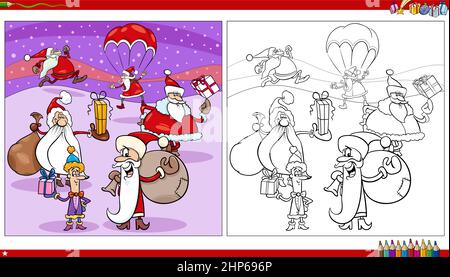Personaggi di Babbo Natale con presenta la pagina del libro da colorare Illustrazione Vettoriale