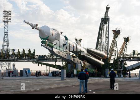 La navicella spaziale Soyuz TMA-14M è stata sollevata in posizione sulla piattaforma di lancio 23 settembre 2014 presso la Cimmodrome di Baikonur in Kazakhstan. Foto Stock