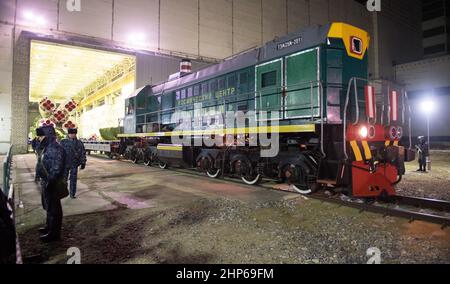 Il razzo booster Soyuz e la navicella spaziale MS-11 sono lanciati in treno il 1 dicembre 2018 presso il Carmodrome di Baikonur in Kazakhstan. Foto Stock