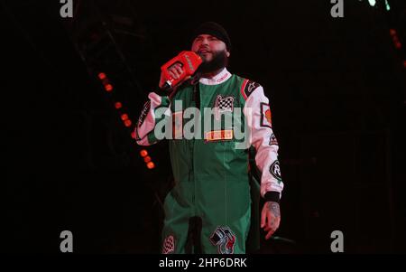 Farruko si esibisce durante il 'LA 167' Tour che si tiene presso il Prudential Center Newark, NJ, il 18 febbraio 2022. (Foto di Udo Salters Photography/Sipa USA) Foto Stock