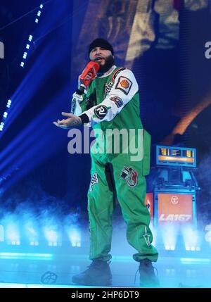 Farruko si esibisce durante il 'LA 167' Tour che si tiene presso il Prudential Center Newark, NJ, il 18 febbraio 2022. (Foto di Udo Salters Photography/Sipa USA) Foto Stock