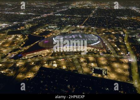 Vista aerea dello stadio SoFi, lunedì 14 febbraio 2022, A Inglewood, California. Foto Stock