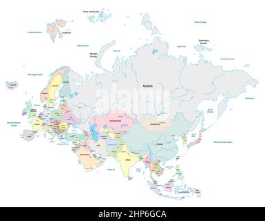 Mappa vettoriale dettagliata dei due continenti Europa e Asia, Eurasia Illustrazione Vettoriale