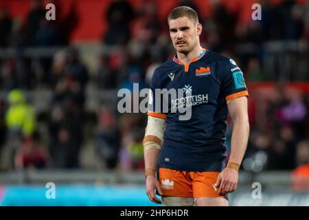 Limerick, Irlanda. 18th Feb 2022. James Lang di Edimburgo durante la partita United Rugby Championship Round 12 tra Munster Rugby e Edinburgh Rugby al Thomond Park di Limerick, Irlanda, il 18 febbraio 2022 (Foto di Andrew Surma/ Credit: Sipa USA/Alamy Live News Foto Stock