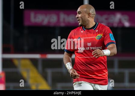 Limerick, Irlanda. 18th Feb 2022. Simon Zebo di Munster durante la partita United Rugby Championship Round 12 tra Munster Rugby e Edinburgh Rugby al Thomond Park di Limerick, Irlanda, il 18 febbraio 2022 (Foto di Andrew Surma/ Credit: Sipa USA/Alamy Live News Foto Stock