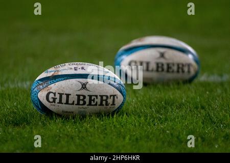 Limerick, Irlanda. 18th Feb 2022. La palla ufficiale raffigurata durante la partita United Rugby Championship Round 12 tra Munster Rugby e Edinburgh Rugby al Thomond Park di Limerick, Irlanda, il 18 febbraio 2022 (Foto di Andrew Surma/ Credit: Sipa USA/Alamy Live News Foto Stock