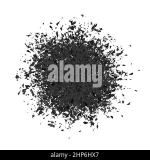Esplosione nuvola di pezzi neri su sfondo bianco. Le particelle affilate volano in aria in modo casuale. Grande esplosione. Illustrazione Vettoriale