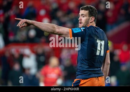 Limerick, Irlanda. 18th Feb 2022. Emiliano Boffelli di Edimburgo durante la partita United Rugby Championship Round 12 tra Munster Rugby e Edinburgh Rugby al Thomond Park di Limerick, Irlanda, il 18 febbraio 2022 (Foto di Andrew Surma/ Credit: Sipa USA/Alamy Live News Foto Stock