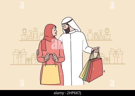 Ricca coppia araba con negozi di borse nel centro commerciale Illustrazione Vettoriale