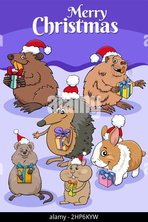 Biglietto d'auguri illustrazione cartoon con animali nel periodo di Natale Illustrazione Vettoriale