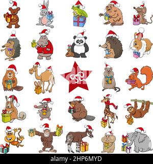 Personaggi animalier di cartoni animalier con regali sul grande set di Natale Illustrazione Vettoriale