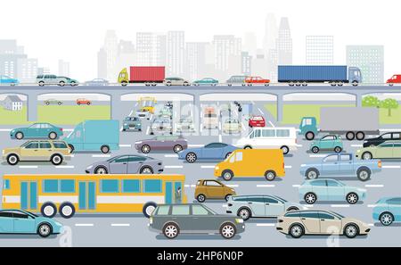 Grande città in un'ora di punta con un incrocio tra traffico e illustrazione dei trasporti pubblici Illustrazione Vettoriale