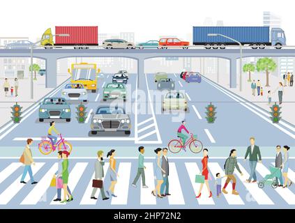 Traffico stradale e pedoni sul crosswalk, illustrazione Illustrazione Vettoriale