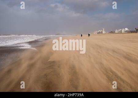 Tempesta di sabbia sulla spiaggia di Scheveningen, vicino a Den Haag (l'AIA) nei Paesi Bassi Foto Stock