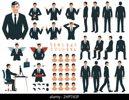 Vettore businessman carattere casual pose set in stile piatto. Intera lunghezza, gesti, emozioni, fronte, lato, vista posteriore. Illustrazione Vettoriale