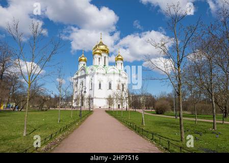 Vista della Cattedrale del Santo Grande Martire Caterina in un giorno di maggio soleggiato. Pushkin (Tsarskoye Selo), Russia Foto Stock