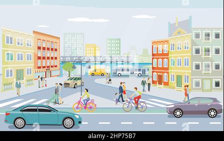 Silhouette cittadina con intersezione in una città e persone sul marciapiede, illustrazione Illustrazione Vettoriale