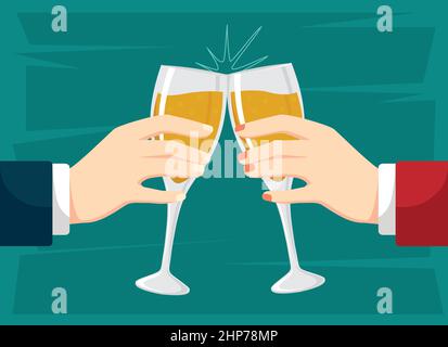 mani che tengono bicchieri di champagne. clink bicchieri con vino Illustrazione Vettoriale