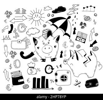 Carino maiale piggy banca e soldi. Illustrazione vettoriale in stile doble a mano. Piggy banca con moneta sotto un ombrello, maiale rotto, cassaforte, monete, carte Illustrazione Vettoriale