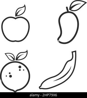 banana di frutta, aple, arancio, disegno vettoriale di illustrazione di linea di mango dell'icona Illustrazione Vettoriale