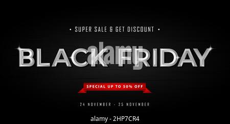 Immagine della lettera del venerdì nero su sfondo scuro con nastro rosso. Black Friday insegna caratteri font per la pubblicità, promozione online negozio, poster, banner web, brochure e flyer design concetto. Illustrazione Vettoriale