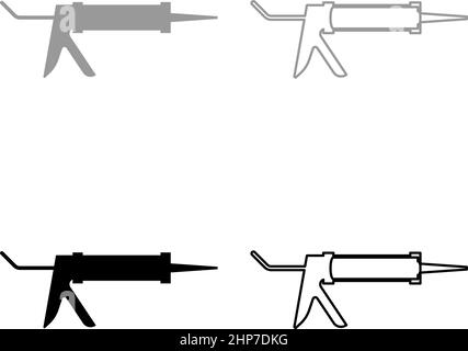 Pistola siliconica colla di cianfrinatura set di guarnizioni icone grigio nero colore vettore illustrazione immagine piatto stile pieno contorno linea sottile Illustrazione Vettoriale