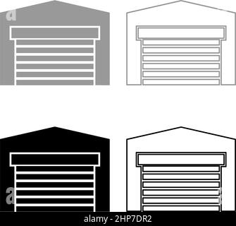 Porta garage per auto Roller shutter hangar magazzino set icona grigio nero colore vettore immagine stile piatto pieno contorno linea sottile Illustrazione Vettoriale