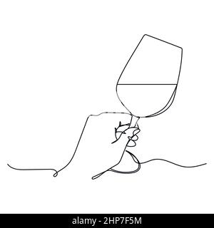 Vettoriale astratto continuo un'unica semplice icona di disegno di linea di un bicchiere di vino in una mano di donna in schizzo di silhouette. Illustrazione Vettoriale