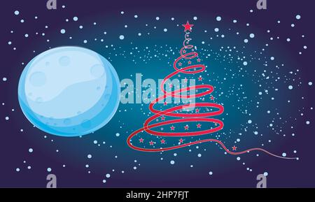 Arte dell'albero di Natale sulla luna e sullo sfondo delle stelle Illustrazione Vettoriale