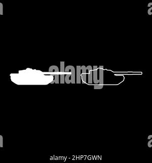 Tank Artillery macchina militare silhouette militare World war icona bianco colore vettore illustrazione piatta stile immagine set Illustrazione Vettoriale