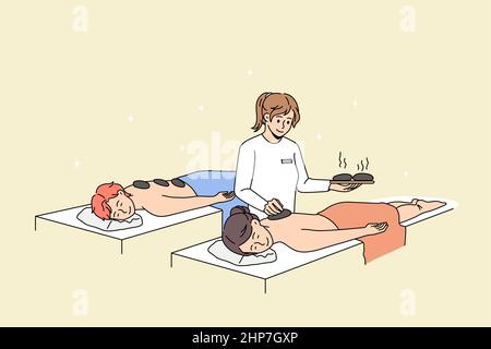 Coppia felice godere di massaggio caldo di pietra in salone Illustrazione Vettoriale