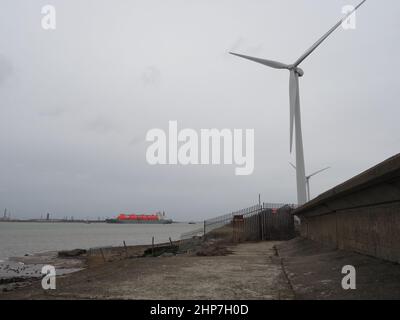 Queenborough, Kent, Regno Unito. 19th Feb 2022. Aumento dei prezzi dell'energia nel Regno Unito. LNG (gas naturale liquefatto) nave cisterna 'Arctic Discoverer' visto arrivare al National Grid grano LNG stabilimento oggi da Queenborough, Kent. Il GNL del grano è il più grande impianto di stoccaggio in Europa. Credit: James Bell/Alamy Live News Foto Stock