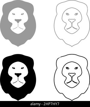 Leone animale selvaggio testa gatto Imposta icona grigio nero colore vettore illustrazione immagine stile piatto pieno contorno linea sottile Illustrazione Vettoriale