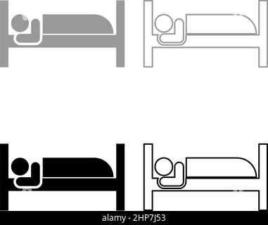Uomo si trova sul letto concetto di sonno Hotel segno set icona grigio nero colore vettore illustrazione immagine stile piatto pieno contorno linea sottile Illustrazione Vettoriale