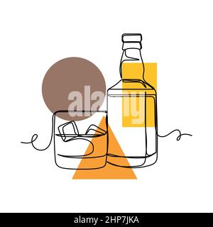 Vettoriale astratto continuo un'unica semplice icona di disegno di linea di vetro e bottiglia di whiskey in schizzo di silhouette. Perfetto per biglietti d'auguri Illustrazione Vettoriale