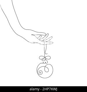 Mano che tiene una sfera di decorazione di Natale. Illustrazione vettoriale disegnata a mano in stile line art, isolata su sfondo bianco. Illustrazione Vettoriale