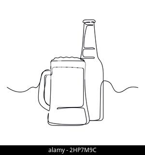 Vettoriale astratto continuo un'unica semplice icona di disegno linea di bottiglia di birra e tazza con birra in schizzo di silhouette. Illustrazione Vettoriale