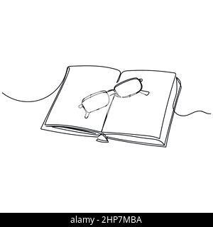 Vettoriale astratto continuo un'unica semplice icona di disegno di linea di libro con occhiali in schizzo di silhouette. Illustrazione Vettoriale