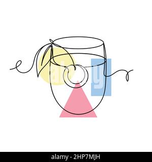 Vettoriale astratto continuo un'unica semplice icona di disegno linea di liquore alcol cocktail con dolce ciliegia in silhouette sketch. Perfetto per biglietti d'auguri, inviti alle feste, poster Illustrazione Vettoriale