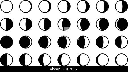 Lunar / Fasi lunari ciclo. Tutte le 28 forme per ogni giorno - nuova, piena, ceratura, mezza luna calante, primo, terzo trimestre, gibbous. Illustrazione Vettoriale