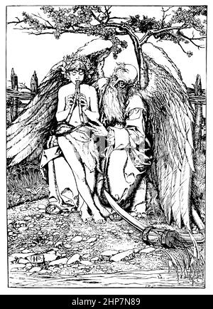 Angelo e pastore ragazzo che gioca a aulos flauto a doppio tubo, frontespizio, illustrazione, di Howard Pyle, dal Wonder Clock Four and Twenty Marvelous Ta Foto Stock