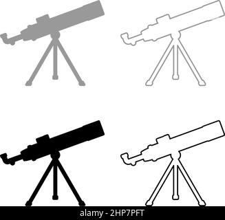 Telescopio Scienza strumento Educazione astronomia attrezzatura set icona grigio nero colore vettore illustrazione immagine stile piatto pieno contorno linea sottile Illustrazione Vettoriale