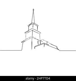 Vettore continuo una sola linea disegno icona della chiesa in silhouette su sfondo bianco. Stilizzato lineare. Illustrazione Vettoriale