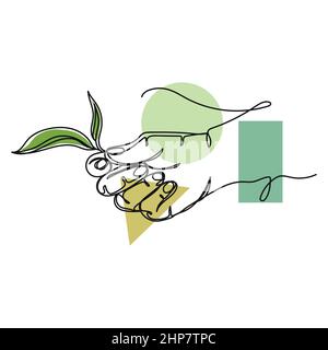 Vettoriale astratto continuo un'unica semplice icona di disegno di linea di mani umane tenendo concetto di ecologia vegetale in schizzo di silhouette. Perfetto per biglietti d'auguri e inviti alle feste Illustrazione Vettoriale