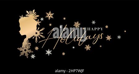 illustrazione della ragazza di silhouette della principessa o con ornamento del fiocco di neve disegno, sfondo astratto carattere felice di festa lettera applicabile per biglietto di auguri, compleanno di invito, banner, poster inverno. Illustrazione Vettoriale