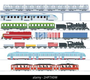 Set di moderni treni passeggeri, trasporto in metropolitana, treni ad alta velocità e metropolitana, tram, cargo train - illustrazione Illustrazione Vettoriale