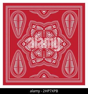 Bandana Shawl, stampa tessuto tovaglia, sciarpa collo di seta, fazzoletto design, ornamento Paisley, Modello quadrato. Illustrazione Vettoriale