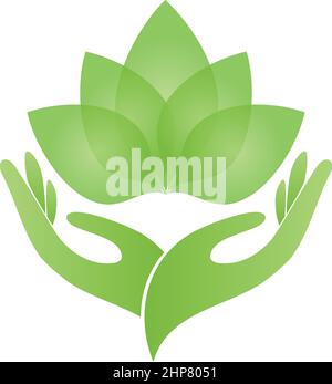 Mani, foglie, pianta, benessere, naturopata, giardiniere, logo Illustrazione Vettoriale